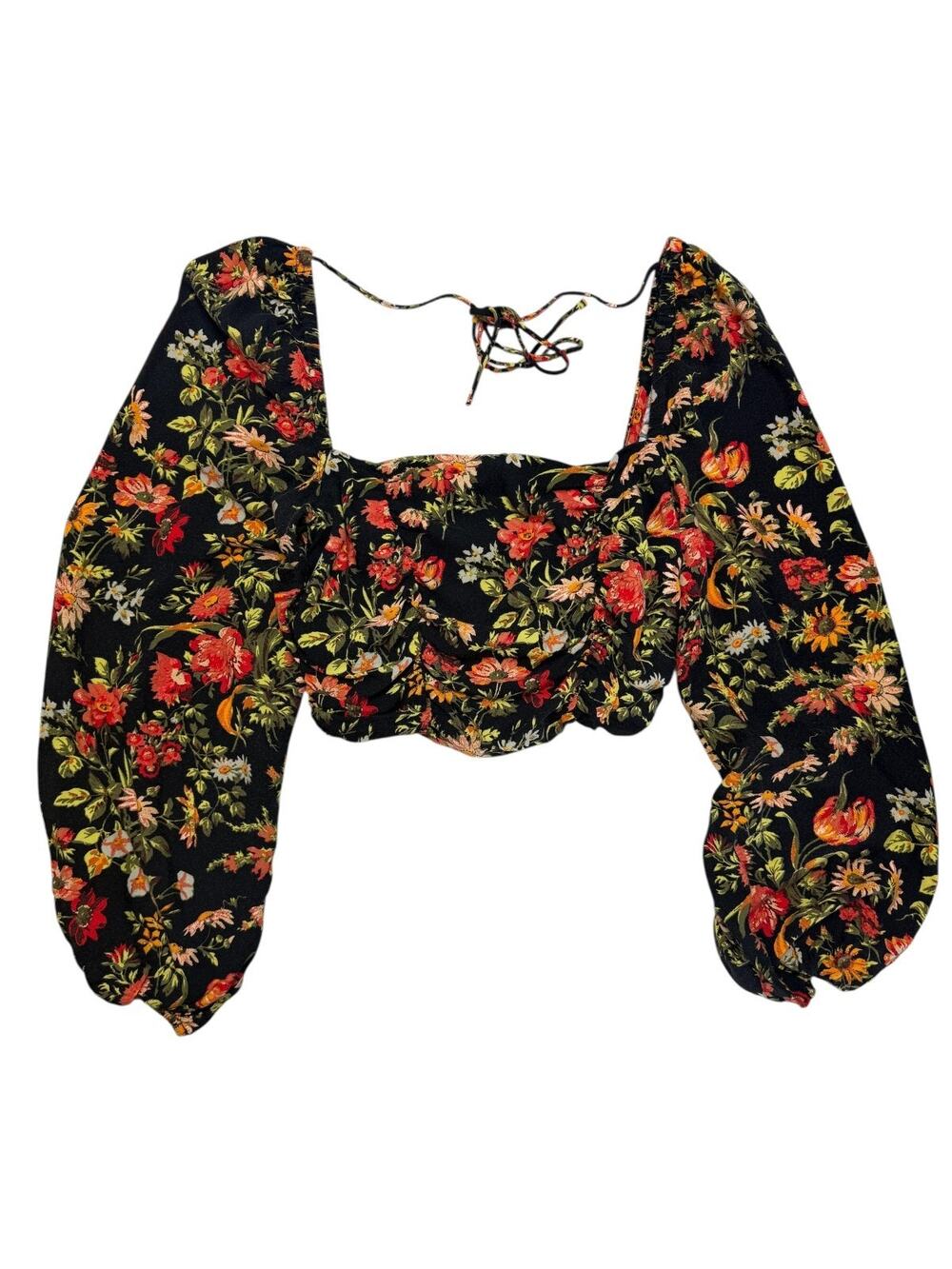 Urban Outfitters Black Floral Crop Top Size S Balloon Sleeve Square Neck Smocked